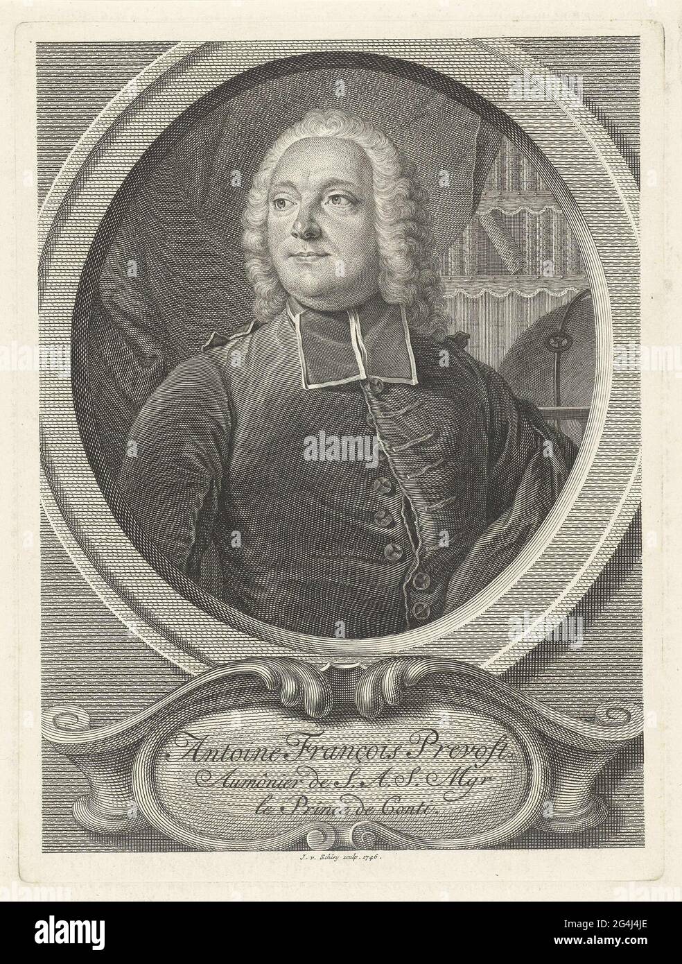 . Porträt des französischen Autors Antoine François Prevost, auch bekannt als Abbé Prévost. Er ist in Kleid mit BEF gekleidet. Ein Bücherregal im Hintergrund. In der Kartusche sind Name und Titel. Stockfoto