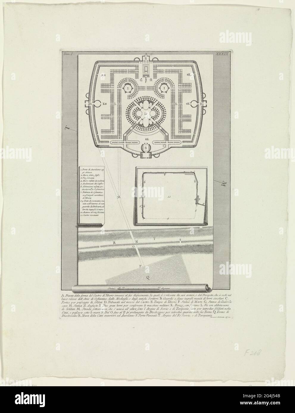 Karte der Castra praetoria in Rom; Archäologische Funde in und um Rom; Le Antichità Romane. Karte auf einer Papierrolle der Castra praetoria (das Lager des prätorianischen Schneebesen) in Rom. Nummeriert oben links: Tom. I. rechts oben nummeriert: XXXIX. Erläuternde Liste der Buchstaben in Unterholz. Stockfoto