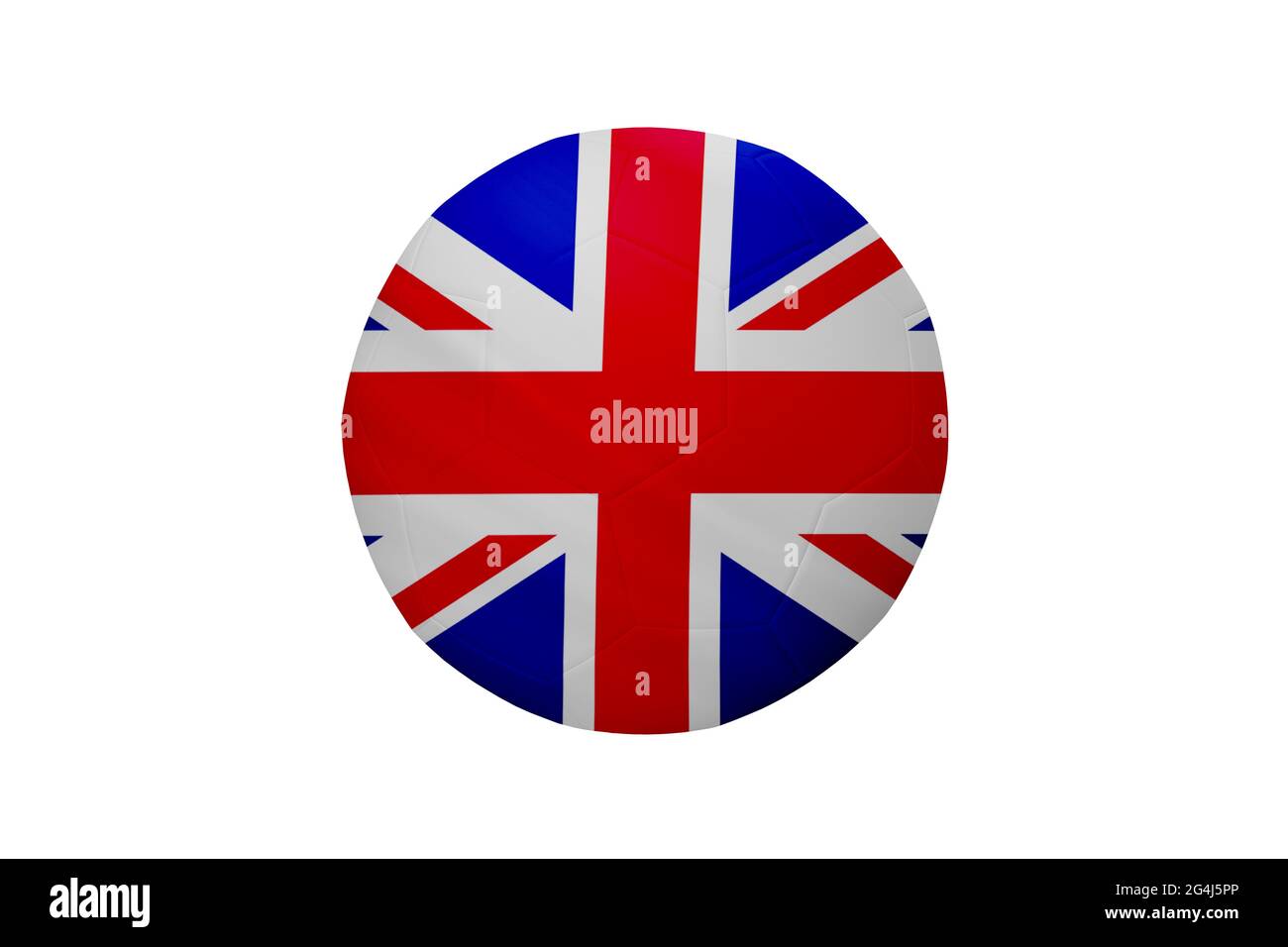 Fußball in den Farben der britischen Flagge auf weißem Hintergrund isoliert. In einem konzeptionellen Meisterschaftsbild, das Großbritannien unterstützt. Stockfoto
