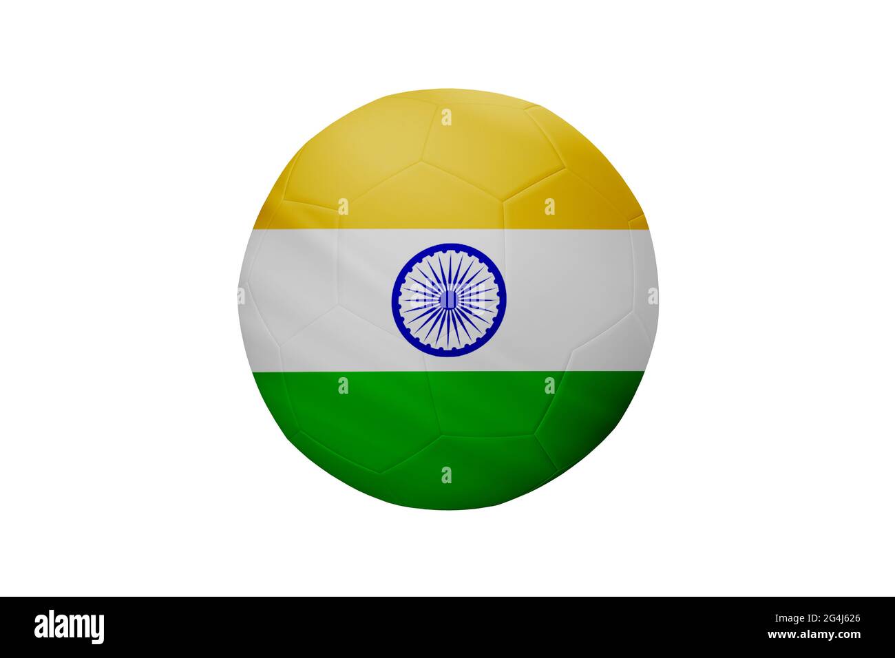 Fußball in den Farben der indischen Flagge isoliert auf weißem Hintergrund. In einem konzeptionellen Meisterschaftsbild, das Indien unterstützt. Stockfoto