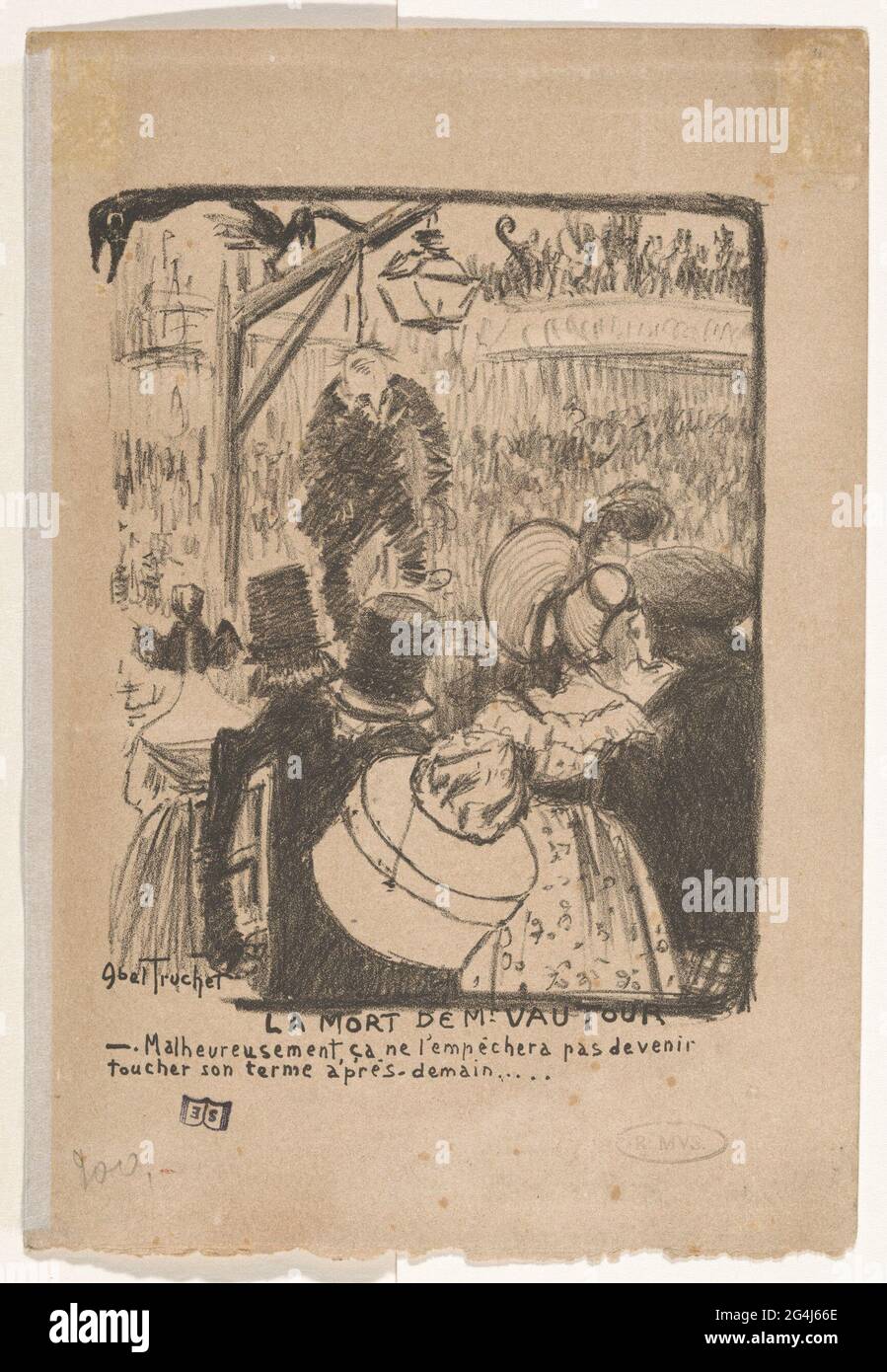 Hinrichtung von Monsieur Vautour; La Mort de Mr. Vautour. Eine Figur auf einem Galgen mit Zuschauern rund um den Körper. Stockfoto