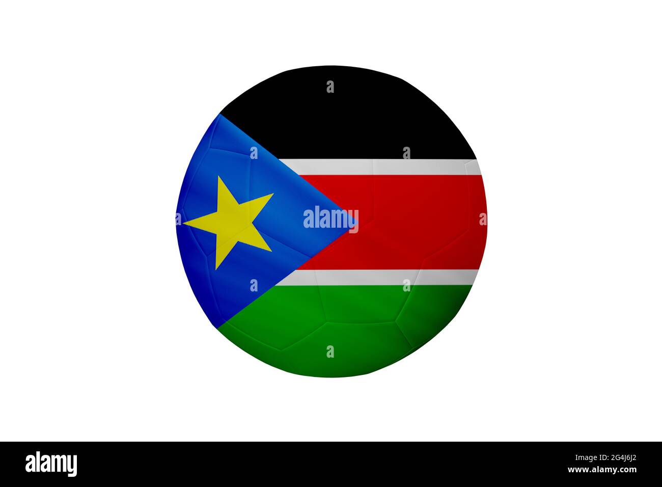 Fußball in den Farben der Südsudan-Flagge isoliert auf weißem Hintergrund. In einem konzeptionellen Meisterschaftsbild, das den Südsudan unterstützt. Stockfoto