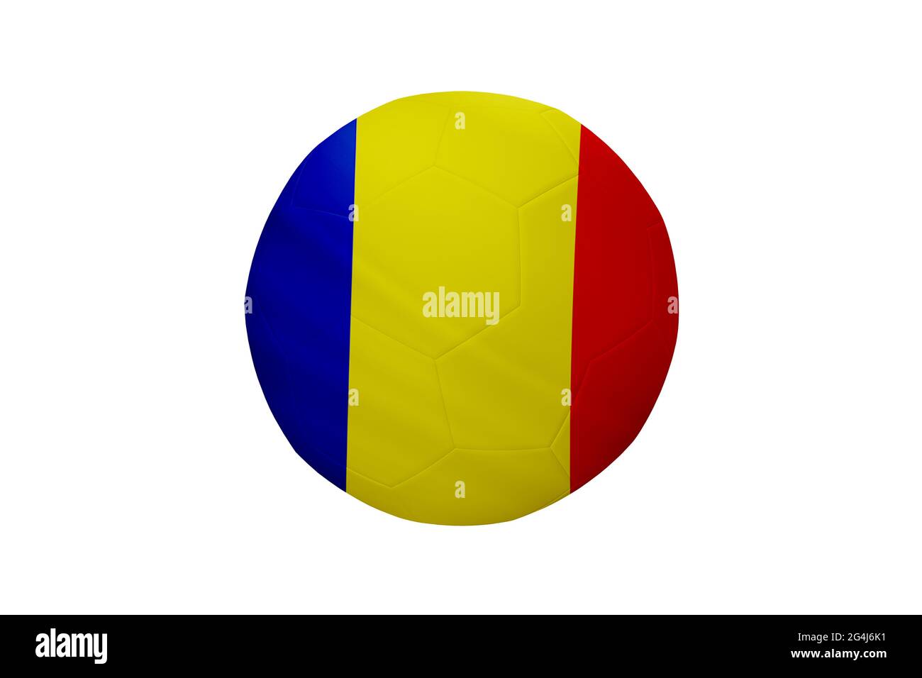 Fußball in den Farben der rumänischen Flagge isoliert auf weißem Hintergrund. In einem konzeptionellen Meisterschaftsbild, das Rumänien unterstützt. Stockfoto
