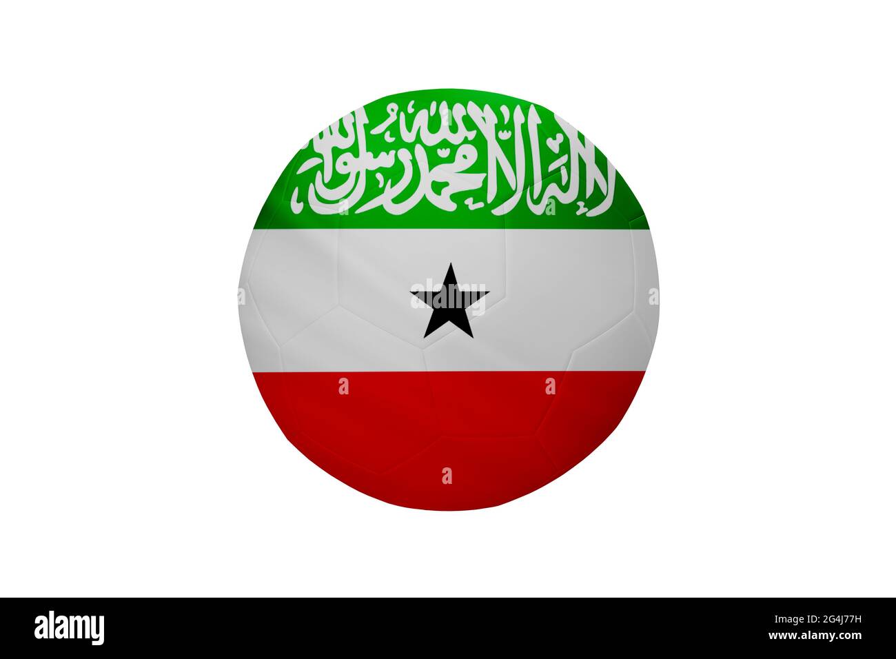 Fußball in den Farben der Somaliland-Flagge isoliert auf weißem Hintergrund. In einem konzeptionellen Meisterschaftsbild, das Somaliland unterstützt. Stockfoto
