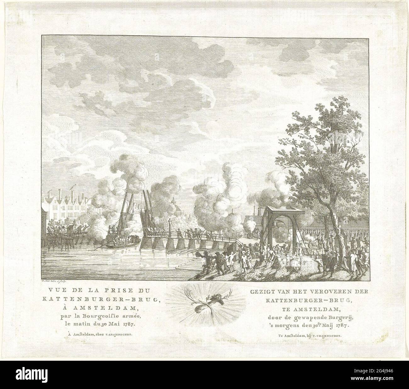 . Die Eroberung der Katzenburger-Brücke zur Insel Kattenburg auf der rebellischen Orange, die von den bewaffneten Amsterdamer Bürgern berühmt war, 30. Mai 1787. Stockfoto