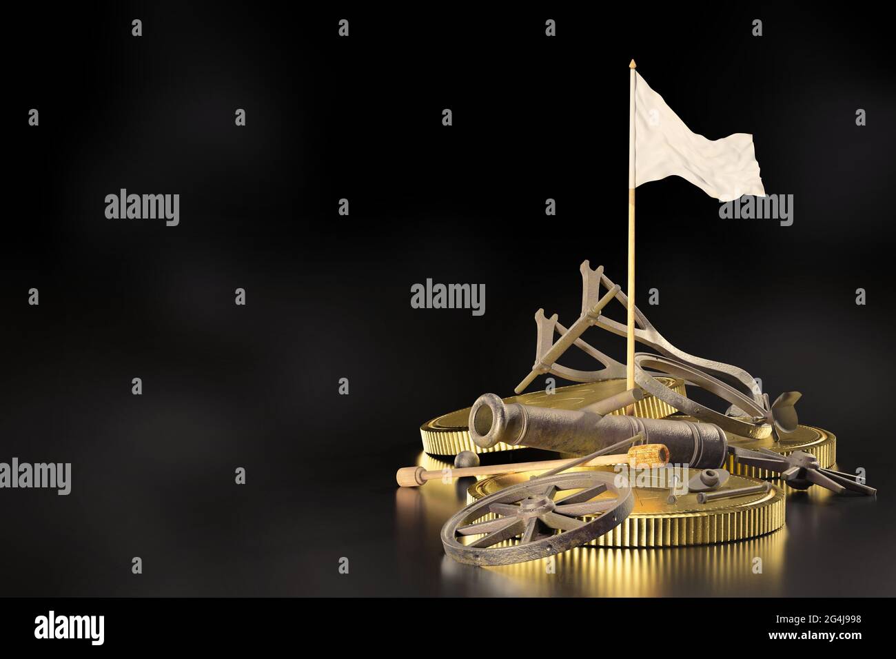 Die zerstörten Kanonen wurden zerstört und auf dem Boden mit Goldmünzen, die neben ihnen lagen, und weißen Fahnen, die auf schwarzem Hintergrund in ihrer Nähe platziert wurden, aufgestapelt. Kontra Stockfoto