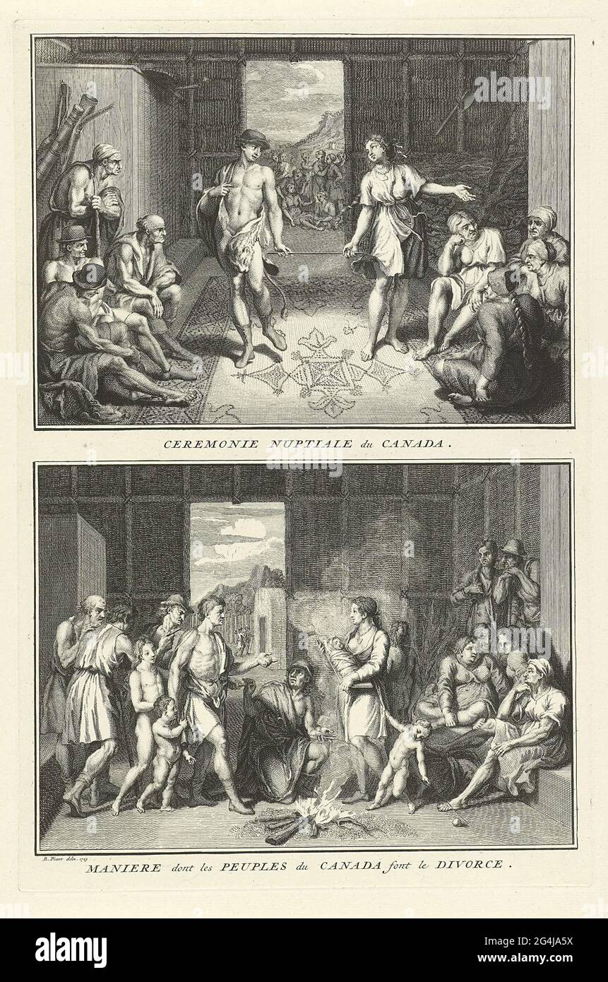 . Blatt mit zwei Aufführungen von Ritualen der Kanadier, einer Ehezeremonie und einer Scheidung. Oben: Das Brautpaar steht auf einem Teppich und hält einen Stock an den Enden. Unten: Das Brautpaar, das sich trennen will, steht am Feuer und bekommt Essstäbchen. Unter den Aufführungen eine Bildunterschrift auf Französisch. Stockfoto