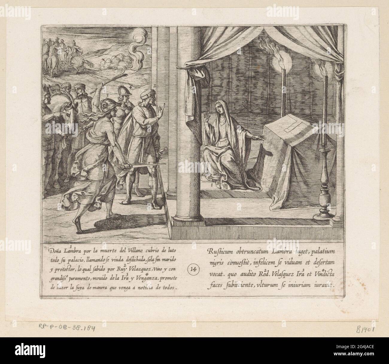 Ruy Velazquez verspricht Doña Lambra, dass er den Tod des Dorfbewohners rächen wird; Historia Septem Infantium de Lara / Historia de los Siete Infantes de Lara; die sieben Säuglinge von Lara. Erläuternde Zahlen in der Show. Bildunterschrift auf Spanisch und Latein. Stockfoto