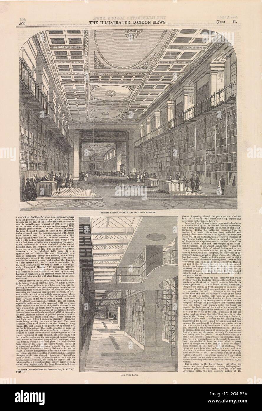 Library of the British Museum; British Museum - The Royal of King's Library / The Long Room. Textblatt mit zwei Abbildungen. Die Drucke zeigen die Bibliothek des British Museum: 'King's Library' und 'The Long Room'. Stockfoto