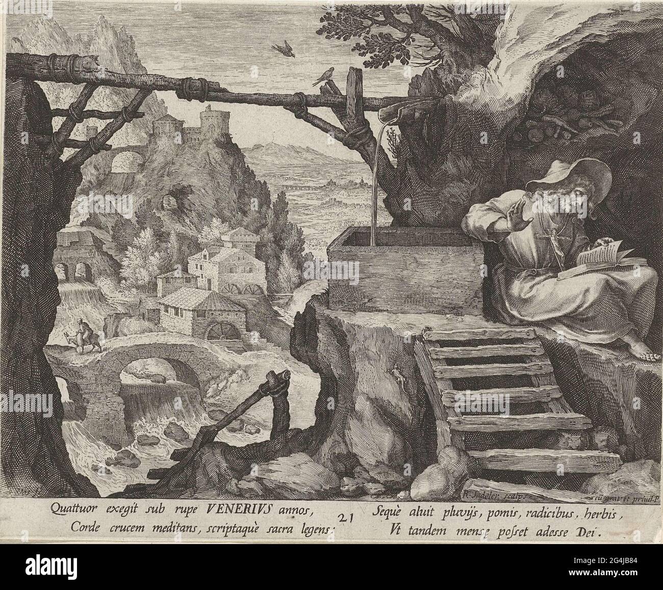 . Der H. Venerius von Tino, ein italienischer Einsiedler aus dem siebten Jahrhundert n. Chr., steht an einem Wasserbecken und liest eine Bibel. Im Hintergrund eine bergige Landschaft mit einer Brücke über einen Fluss. Stockfoto