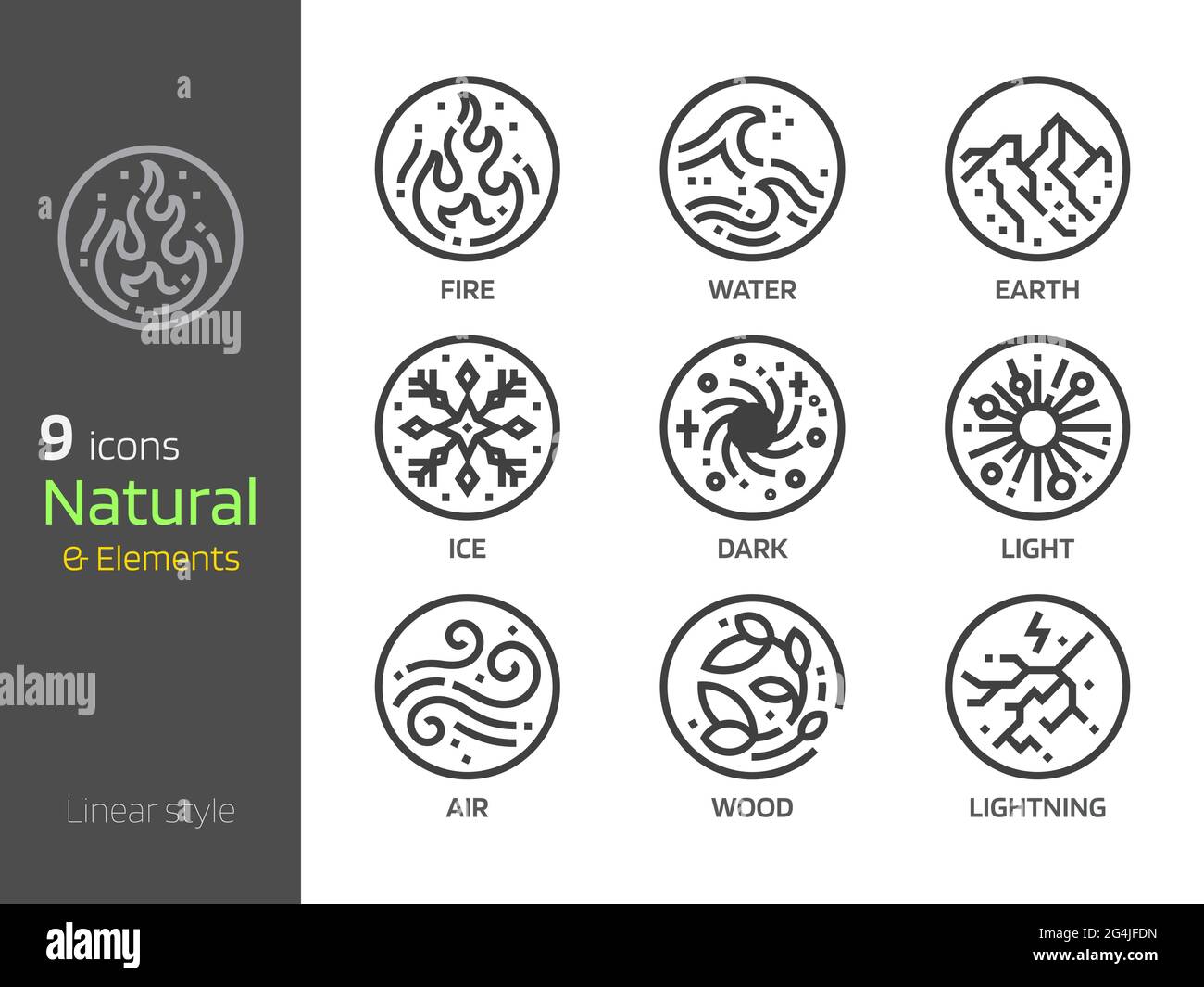 Natürliche Symbole Konzepte lineare Stil Symbol. Erde, Wasser, Wind, Feuer 4 Elemente Zeichen. Einliniges Design in Kreisform Stock Vektor