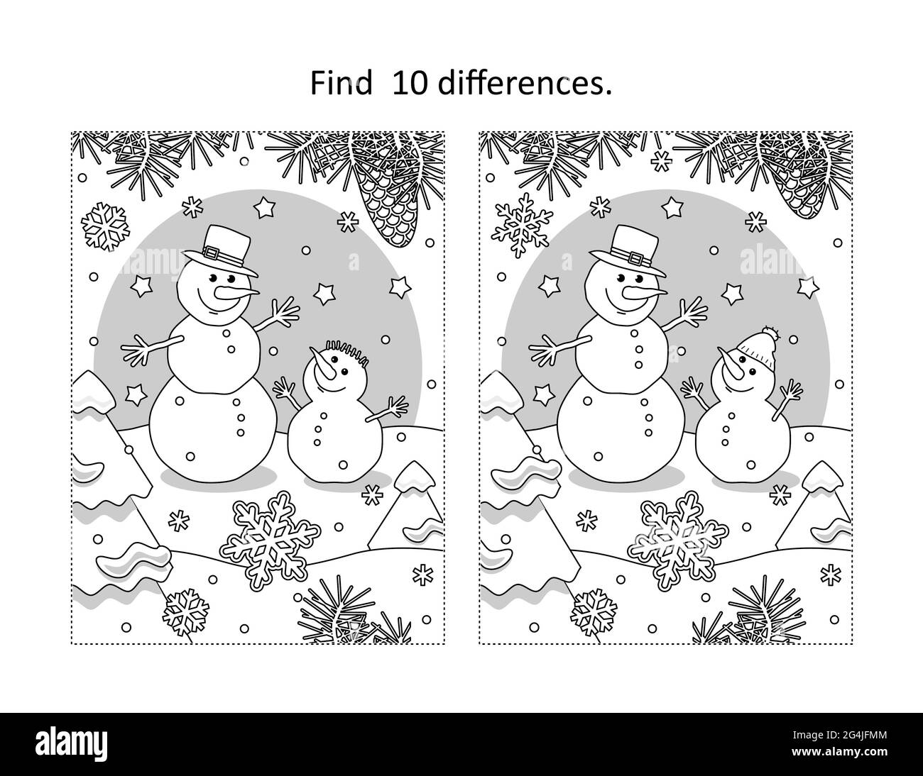 Finden Sie 10 Unterschiede visuelle Puzzle und Malvorlagen mit zwei Schneemänner Freunde Stockfoto