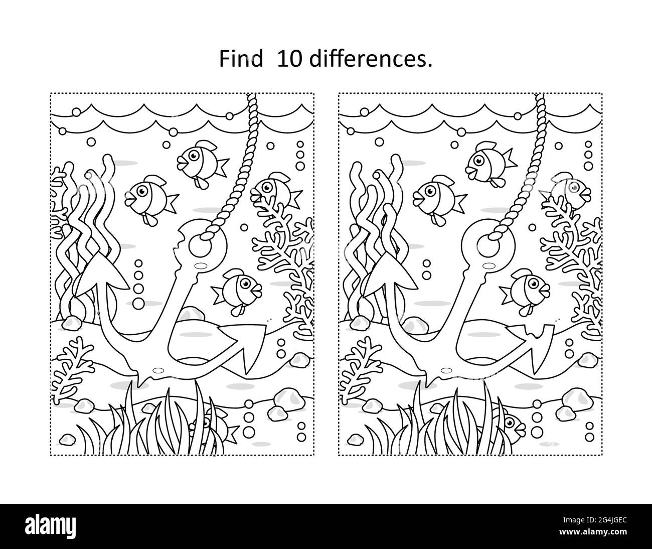 Finde die Aktivitätsseite „zehn Unterschiede“ mit Unterwasserwelt und Anker Stockfoto