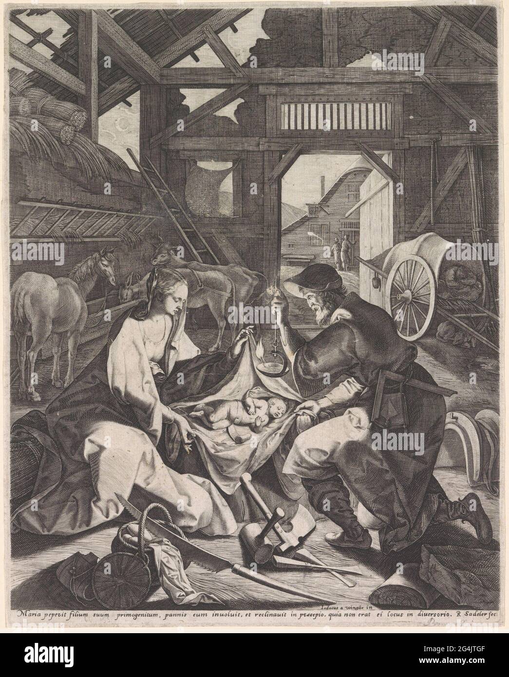 Geburt Christi. Im Stall zeigt die Jungfrau Maria dem Joseph das Christkind. Er lehnt sich mit einer Öllampe in der linken Hand an das Kind. Stockfoto