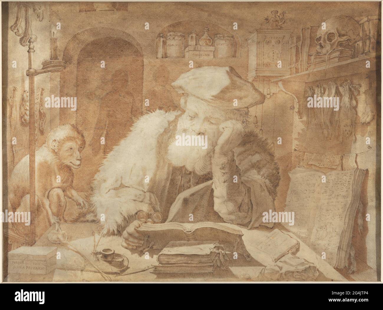 Dr. Faust in seinem Arbeitszimmer. Dr. Faust in seinem Arbeitszimmer; links ein Affe, im Hintergrund zwei Schatten. Stockfoto