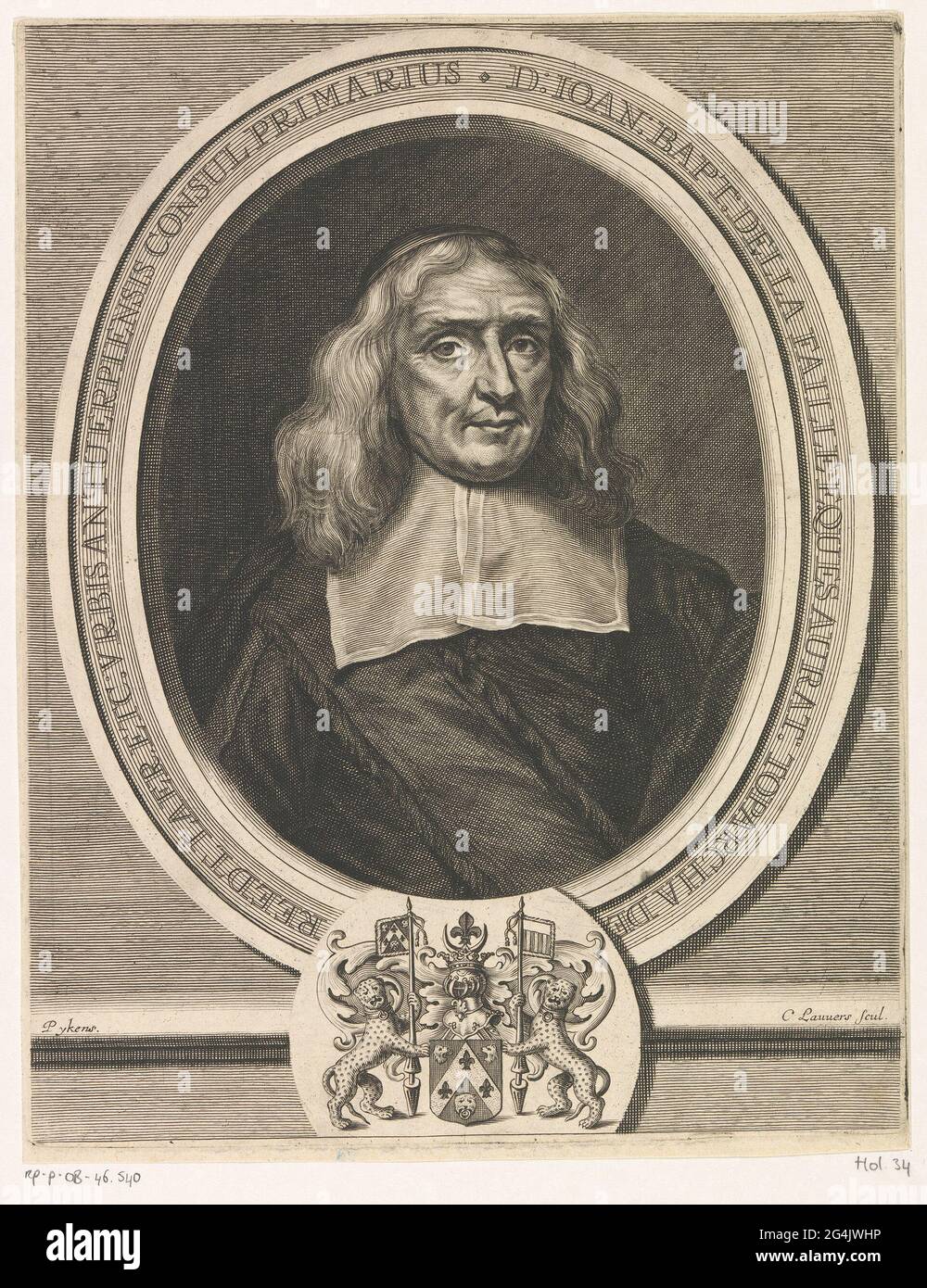 Porträt von Jan Baptist della Faille. Ovales Porträt von Jan Baptist della Faille, Bürgermeister von Antwerpen, mit Kalot. Um das Porträt herum befindet sich ein peripheres, am unteren Rand des Familienwappens, das von zwei Panthern flankiert wird. Stockfoto