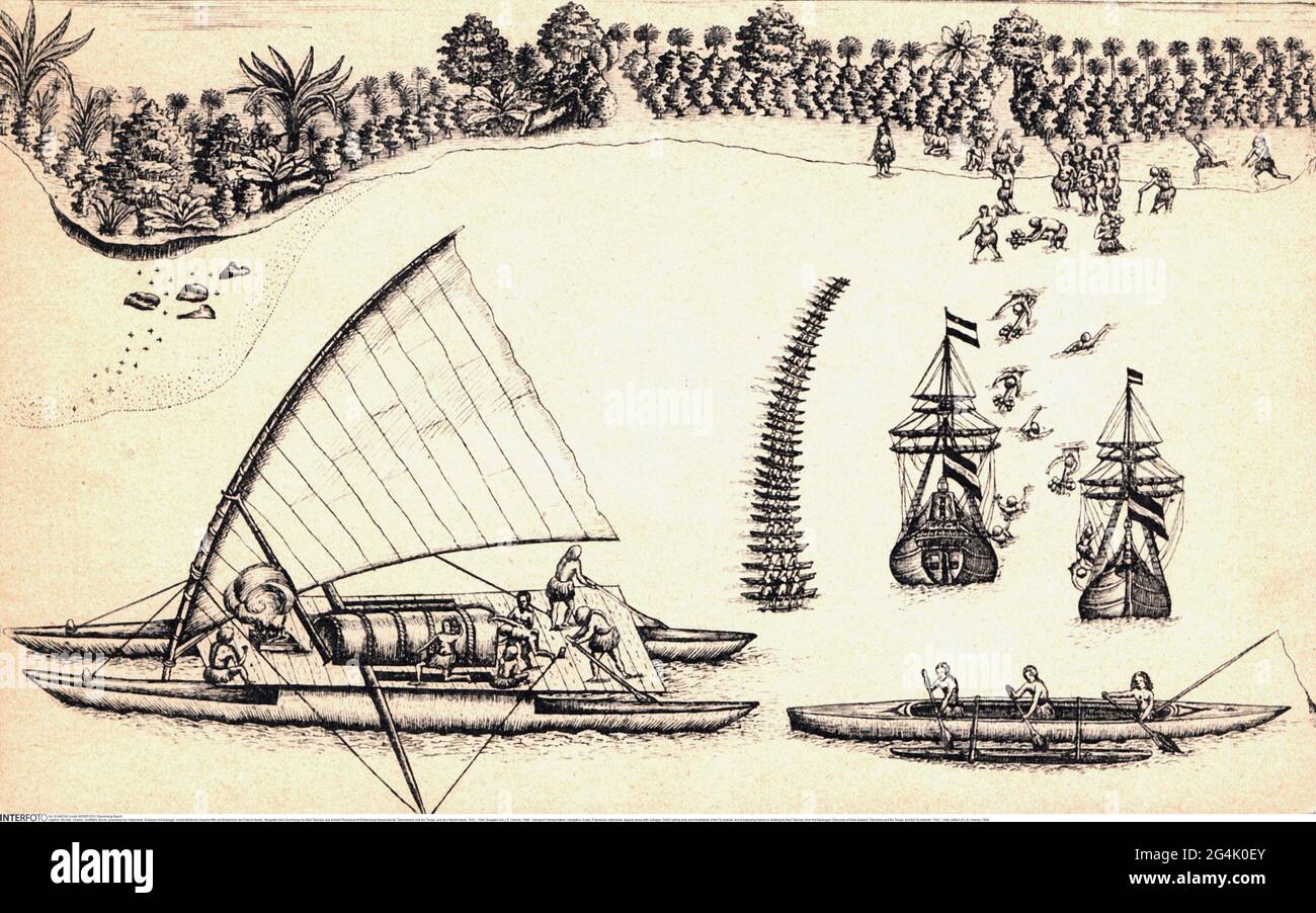 Transport / Transport, Navigation, Boote, polynesischer Katamaran, Dugout Kanu mit Outrigger, ARTIST'S COPYRIGHT MUSS NICHT FREIGEGEBEN WERDEN Stockfoto