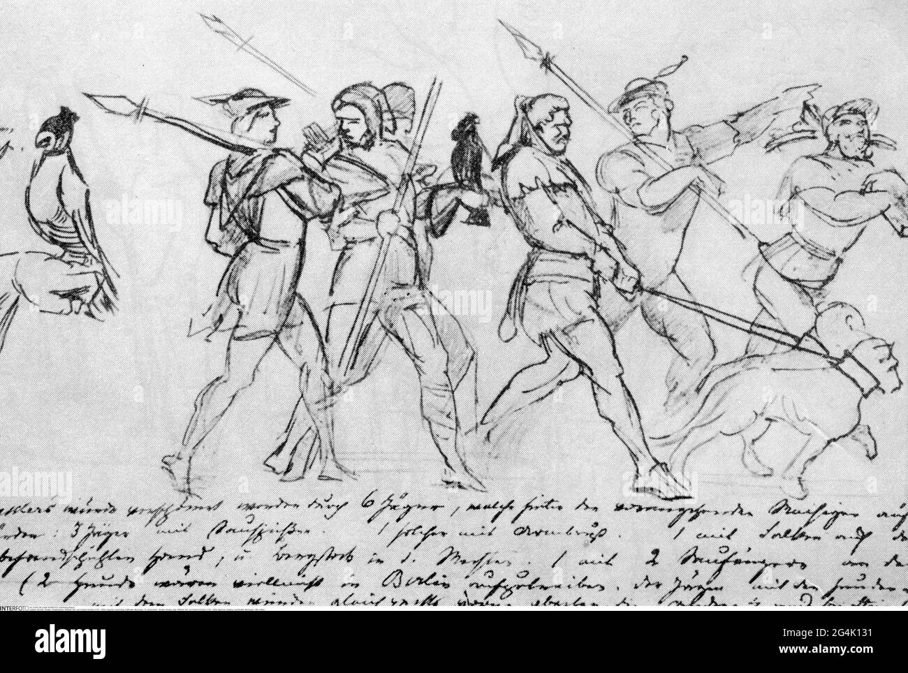 Theater / Theater, Theaterstück, 'Wilhelm Tell', von Friedrich Schiller (1759 - 1805), Figuren, Zeichnung, KÜNSTLERRECHTE SIND NICHT FREIZUGEBEN Stockfoto