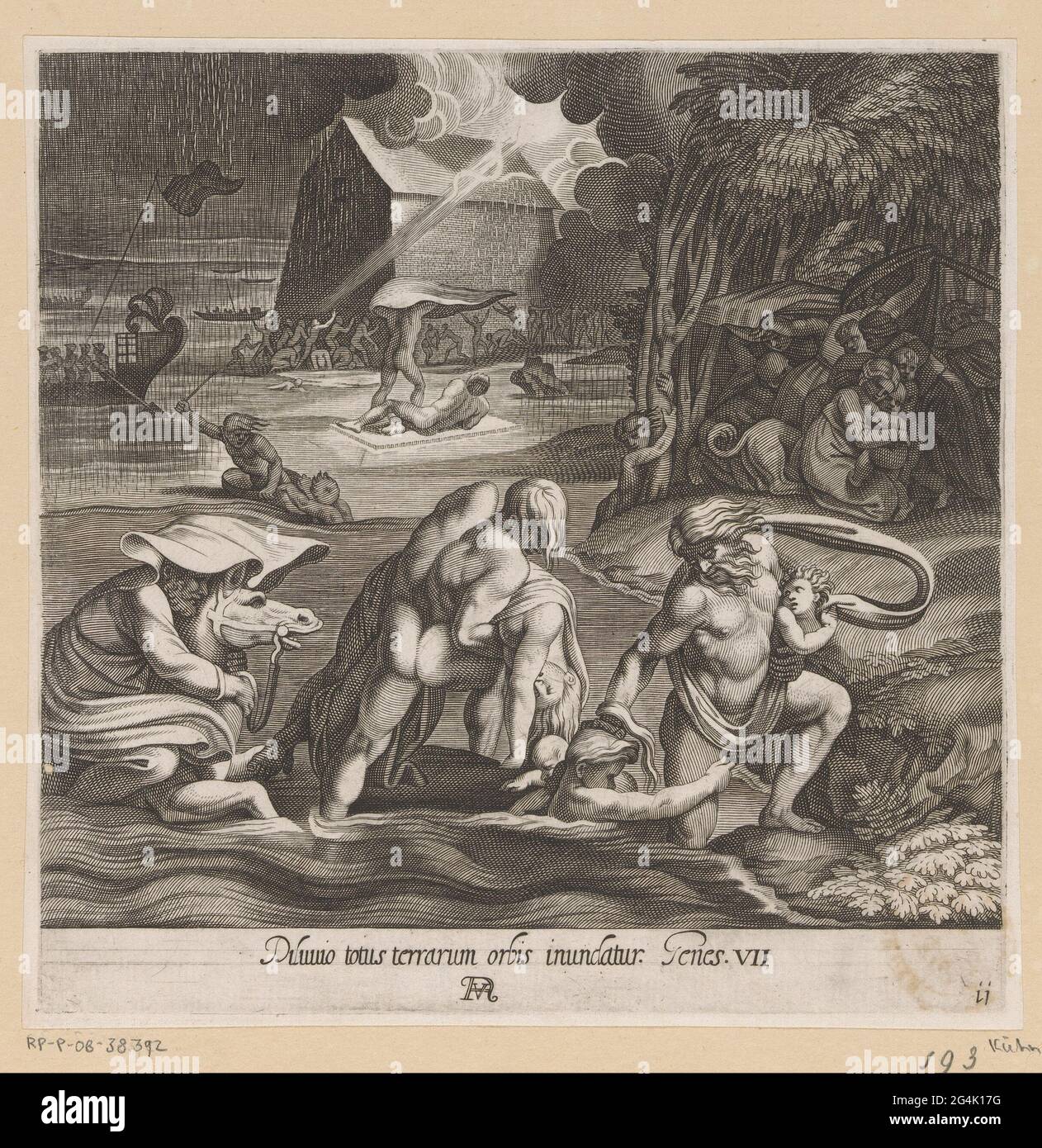 Hochwasser; Gemälde in der Loggia von Rafael; La Sacra Genesi. Menschen und Tiere flohen in aufsteigendes Wasser. Legal unter der Nummer: 11. Verweis auf Bibeltext am unteren Rand. Stockfoto