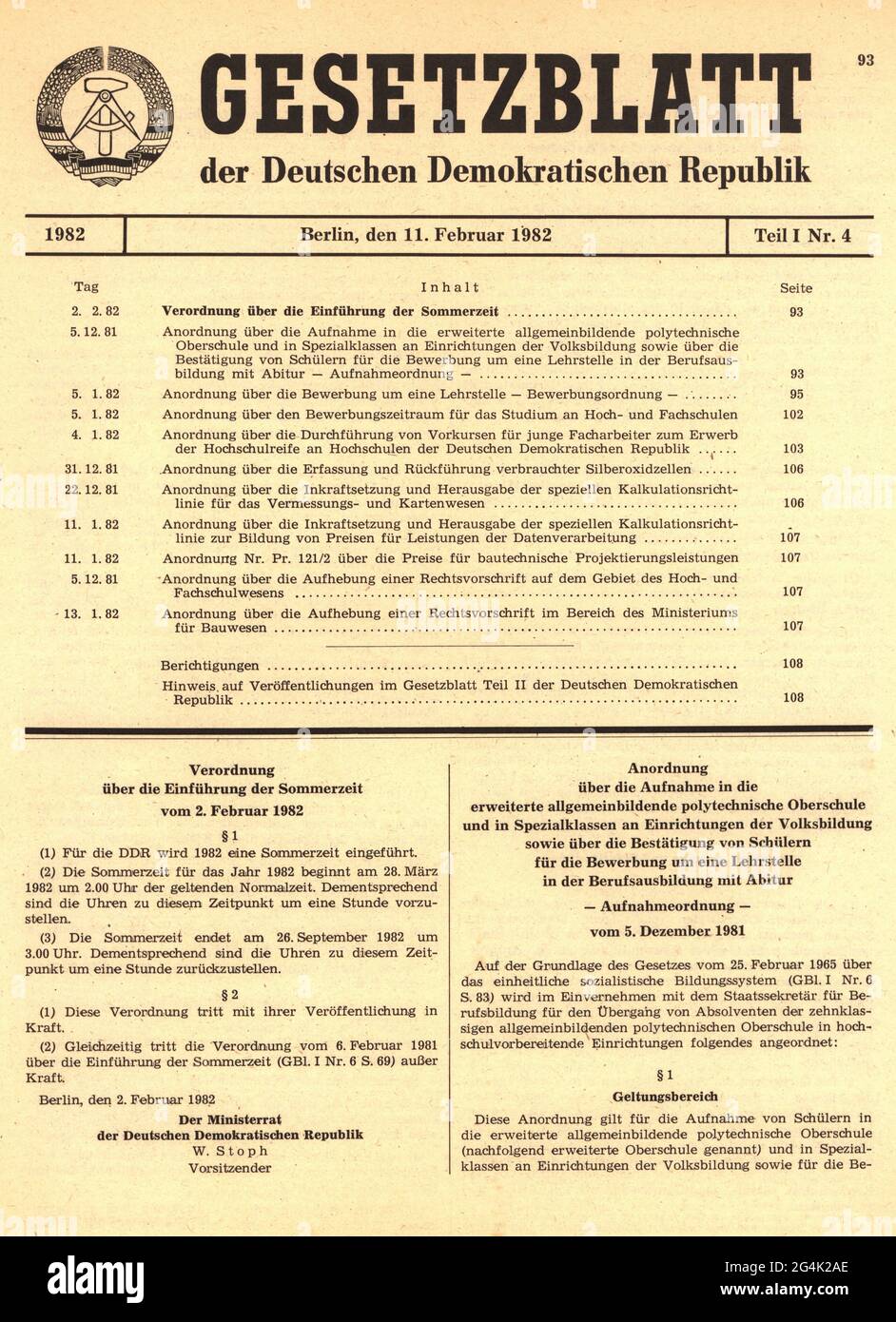 Justiz, Gesetz, Deutschland, gesetzblatt der Deutschen Demokratischen Republik, Teil 1, Nr. 4, Berlin, ADDITIONAL-RIGHTS-CLEARANCE-INFO-NOT-AVAILABLE Stockfoto