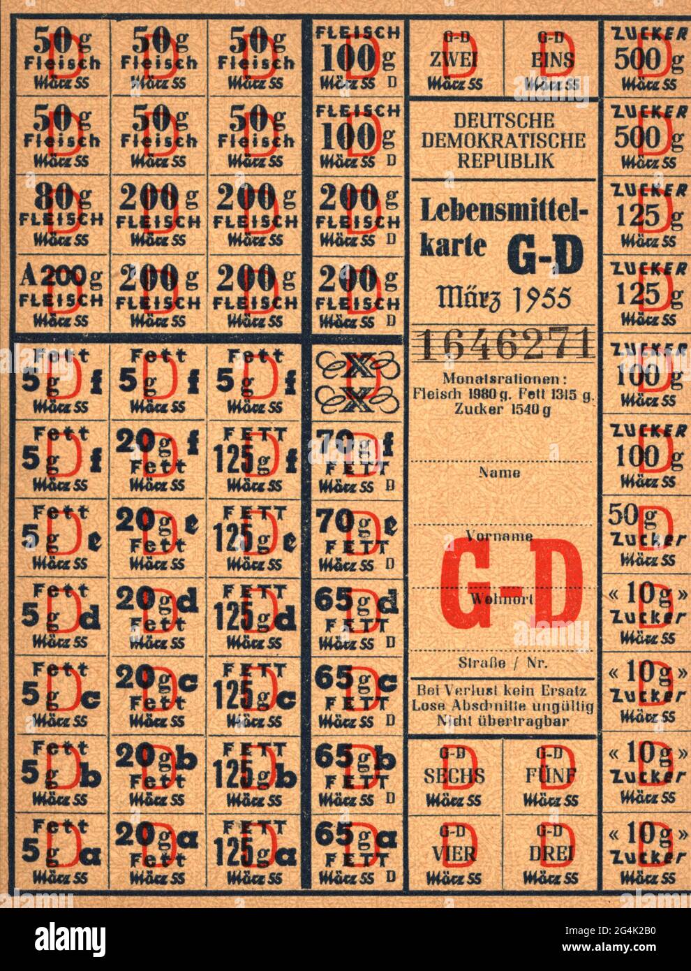 Handel, Lebensmittel, Rationskarte, für Fleisch, Fett und Zucker, Deutsche Demokratische Republik, März 1955, ZUSÄTZLICHE-RIGHTS-CLEARANCE-INFO-NOT-AVAILABLE Stockfoto