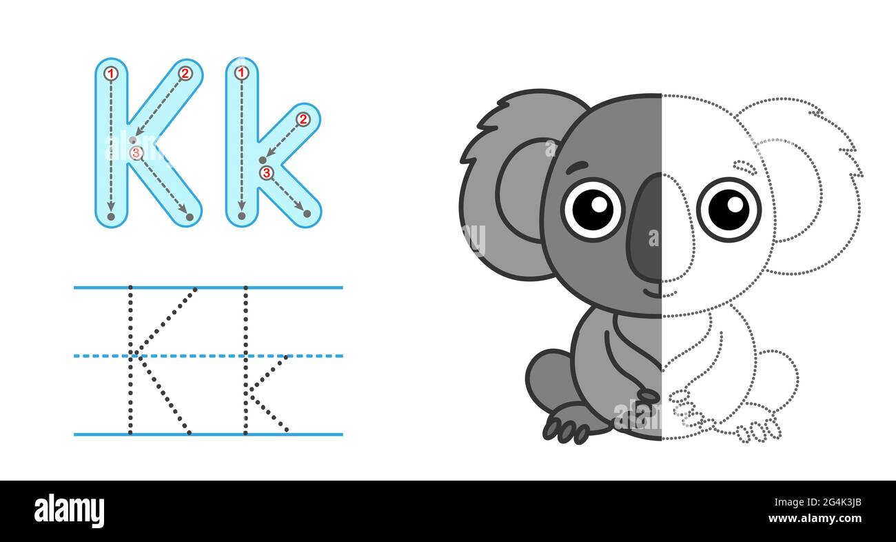 Zeichnen Sie den Buchstaben und das Bild nach, und färben Sie es ein. Pädagogische Kinder verfolgen Spiel. Farbalphabet. Buchstabe K und lustige Koala Stock Vektor