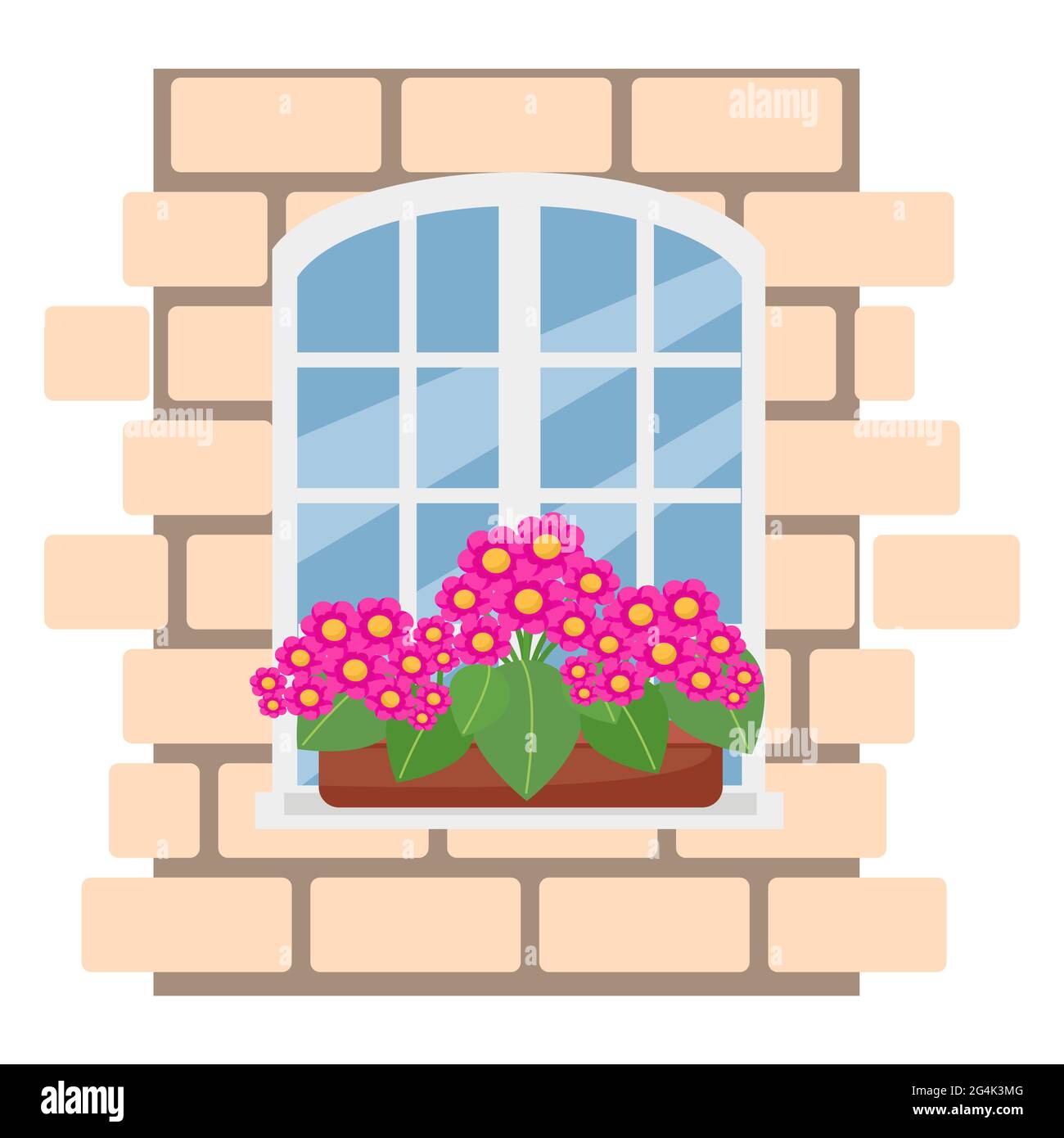 Schachtel mit Blumen am Fenster, Ziegelwand mit rot-weißem Fenster, Vektorgrafik im flachen Stil, Cartoon, isoliert Stock Vektor
