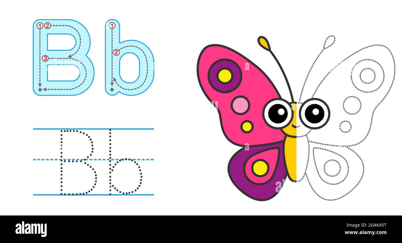 Zeichnen Sie den Buchstaben und das Bild nach, und färben Sie es ein. Pädagogische Kinder verfolgen Spiel. Farbalphabet. Buchstabe B und lustige Cartoon Schmetterling Stock Vektor