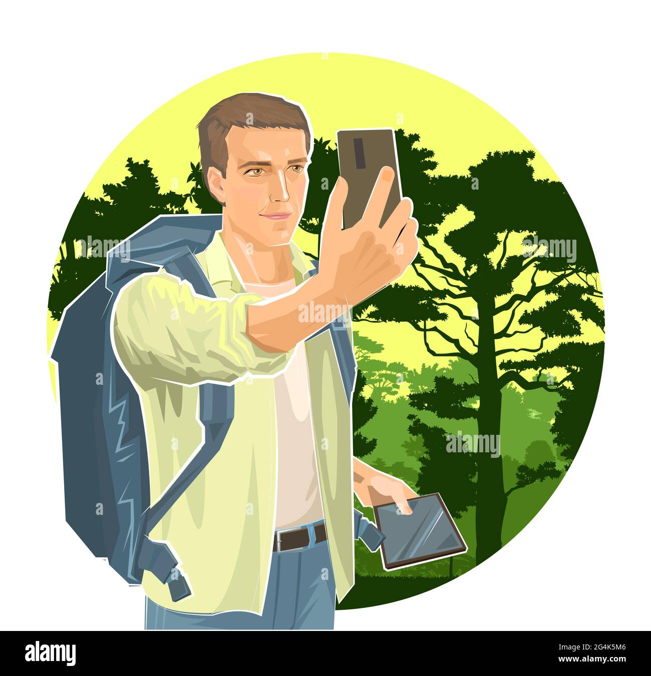 Selfie. Netter Junge Tourist mit Smartphone und Tablet. Rucksack. Vor dem Hintergrund der Landschaft. Wald, Bäume. Ein Mann auf einer Reise. Flacher Style. Stock Vektor