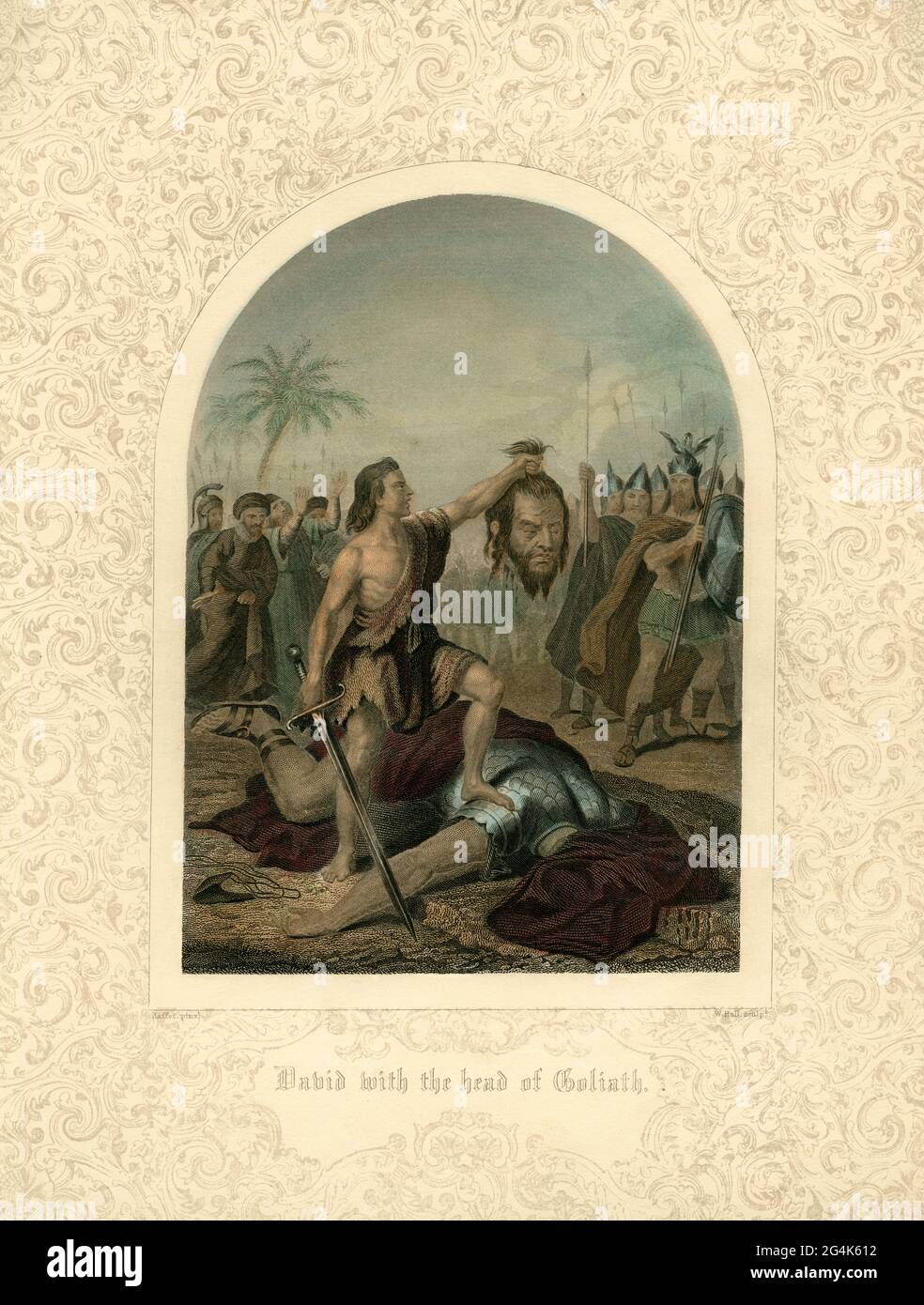 Frankreich, Paris, David mit dem Kopf von Goliath, farbiger Stahlstich von E. Holl nach Raffet, ARTIST's COPYRIGHT DARF NICHT GEKLUNGEN WERDEN Stockfoto