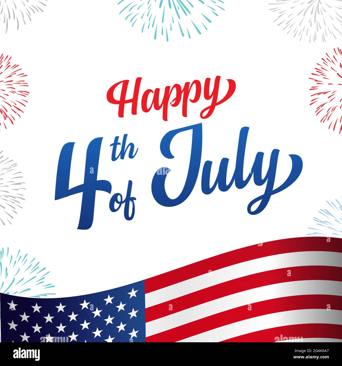 Happy 4. Juli USA Unabhängigkeitstag Grußkarte mit Flagge, Feuerwerk und handgeschriebenem Text Design. Vektorgrafik Stock Vektor