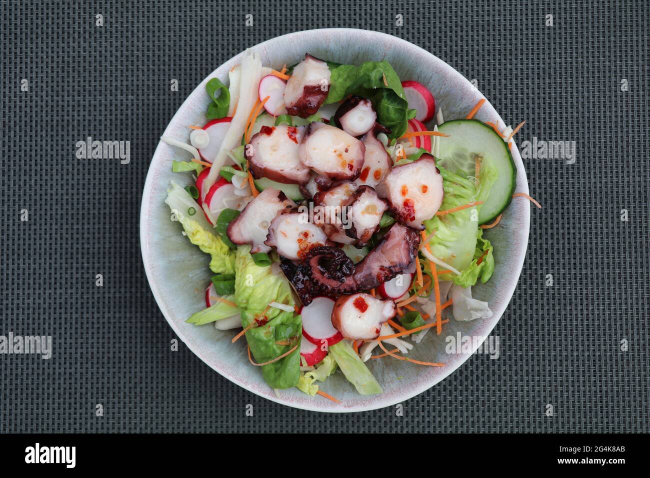 Gemischter Salat mit Scheiben marinierter Kraken-Tentakeln und einem würzigen Dressing Stockfoto