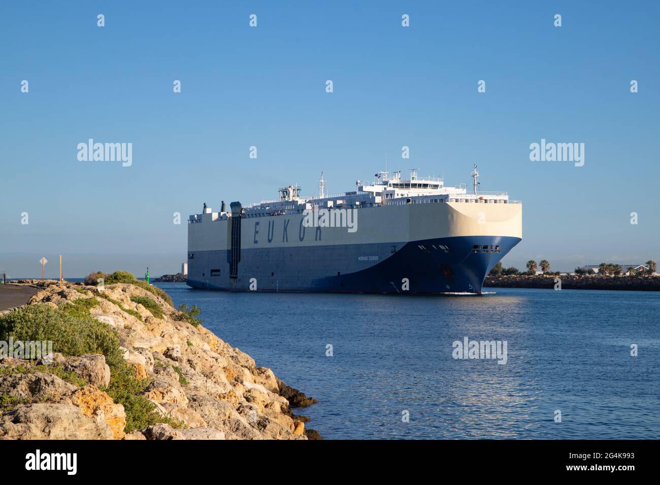 Der Transporteur Morning Courier kommt am 2. Juni 2021 in Fremantle, Westaustralien, an. Stockfoto