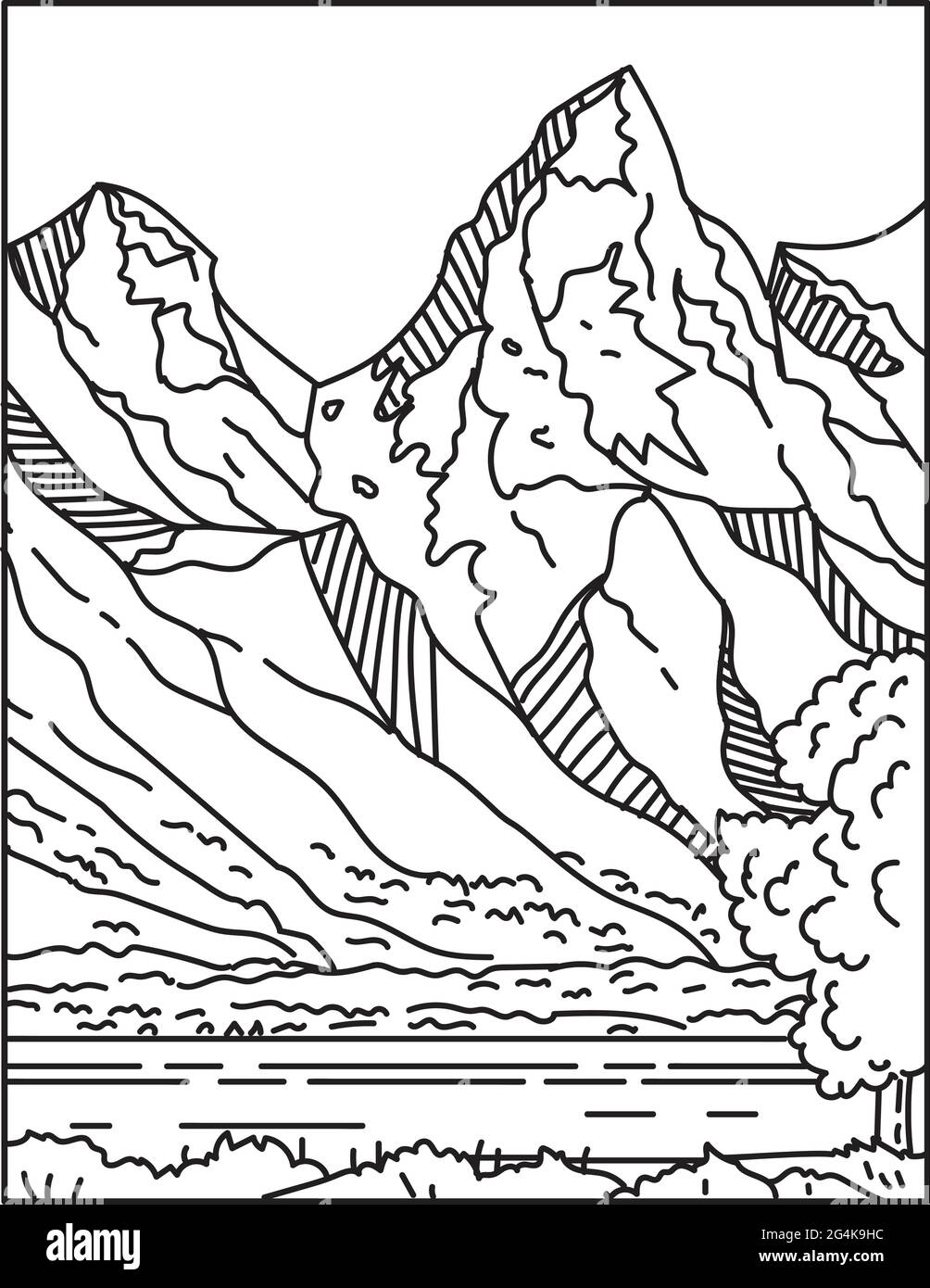 Monolinie Illustration von Jackson Hole oder Jackson's Hole mit der Teton Range im Hintergrund befindet sich in Wyoming, USA in r getan Stock Vektor