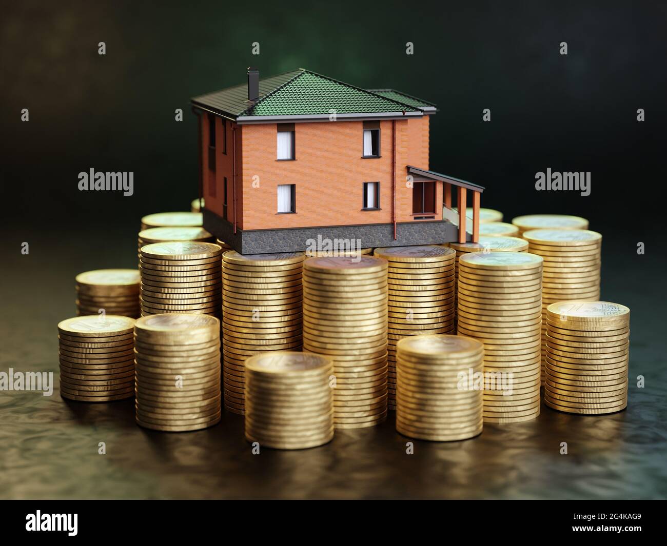 3D-Rendering von Miniatur-Wohnhausmodell auf Stapel auf Euro-Münzen Stockfoto