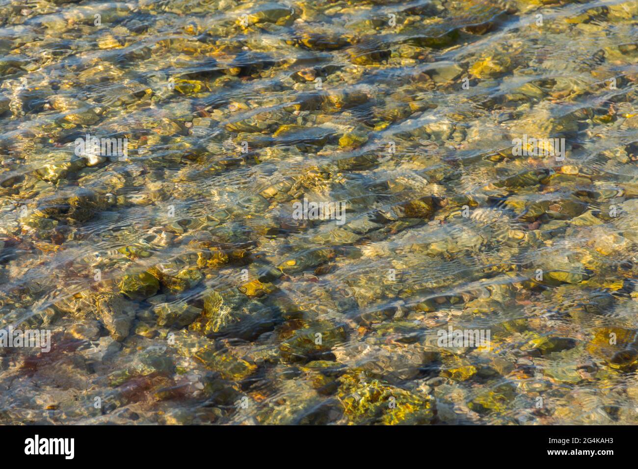 Meeressteine im klaren Meerwasser. Strukturierter abstrakter Hintergrund in neutralen Beigetönen. Schöne Wellen auf dem Wasser schimmern im Sonnenlicht. Natürliche s Stockfoto