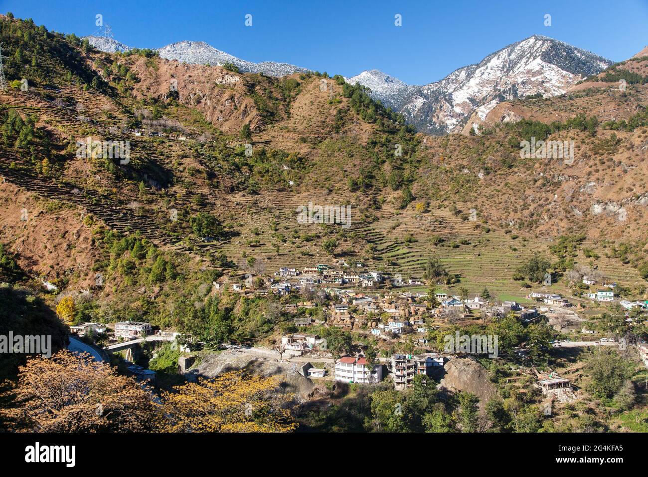 Terrassierte Felder und Dorf in der Nähe von Joshimath Stadt in Uttarakhand Indien, indische Himalaya Berge Stockfoto