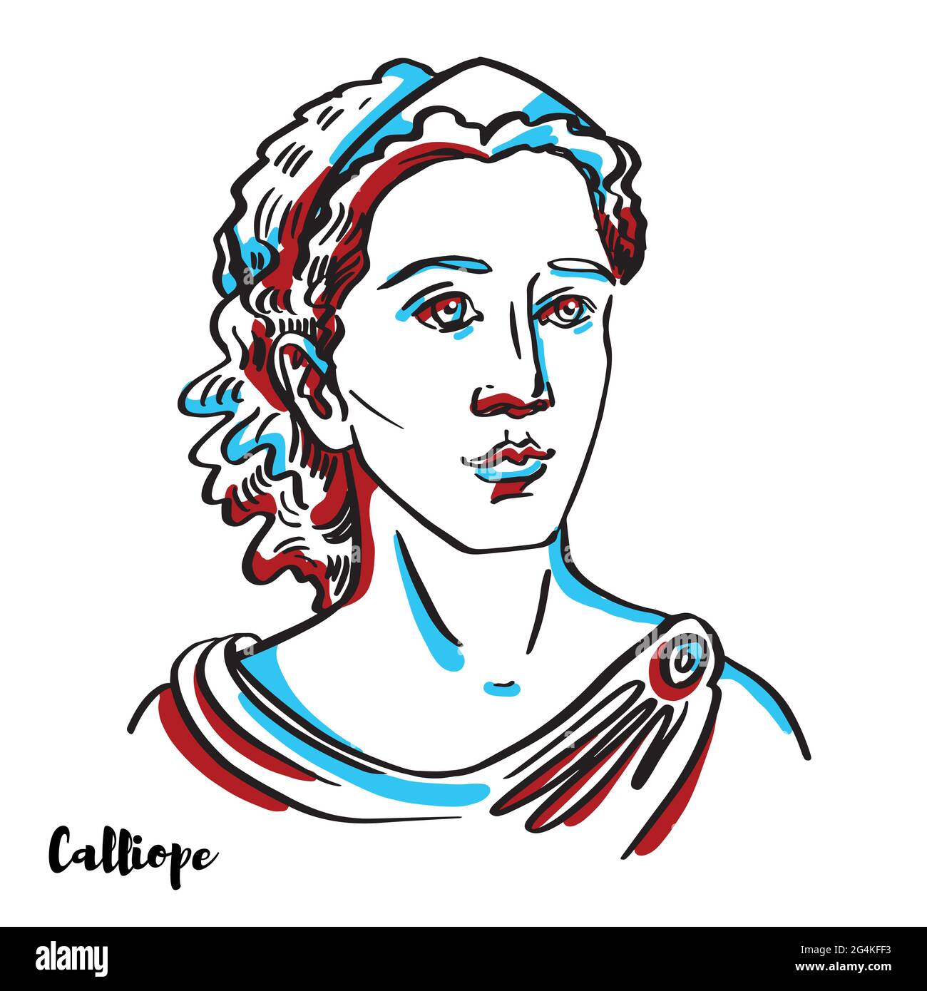 Calliope graviert Vektor-Porträt mit Farbkonturen auf weißem Hintergrund. Calliope ist die Muse, die Eloquenz und epische Poesie vorsteht; so genannte f Stock Vektor