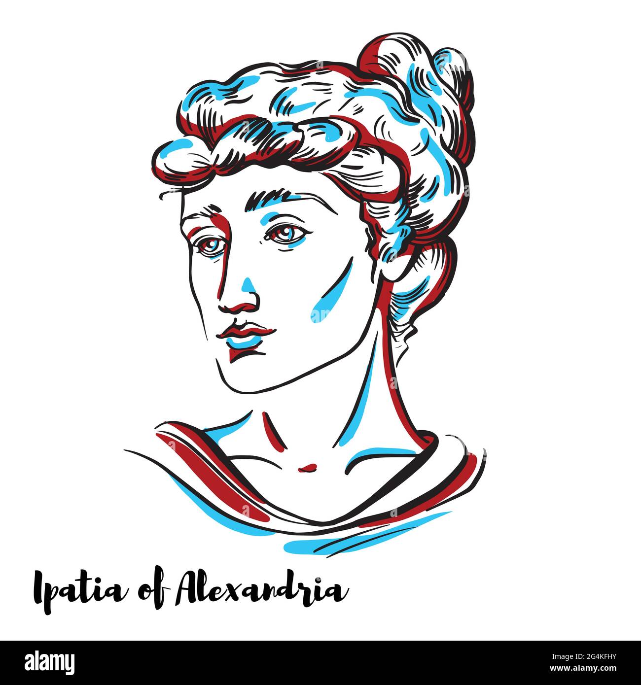 Ipatia von Alexandria graviert Vektor-Porträt mit Tinte Konturen auf weißem Hintergrund. Hellenistischer neuplatonistischer Philosoph, Astronom und Mathematiker Stock Vektor
