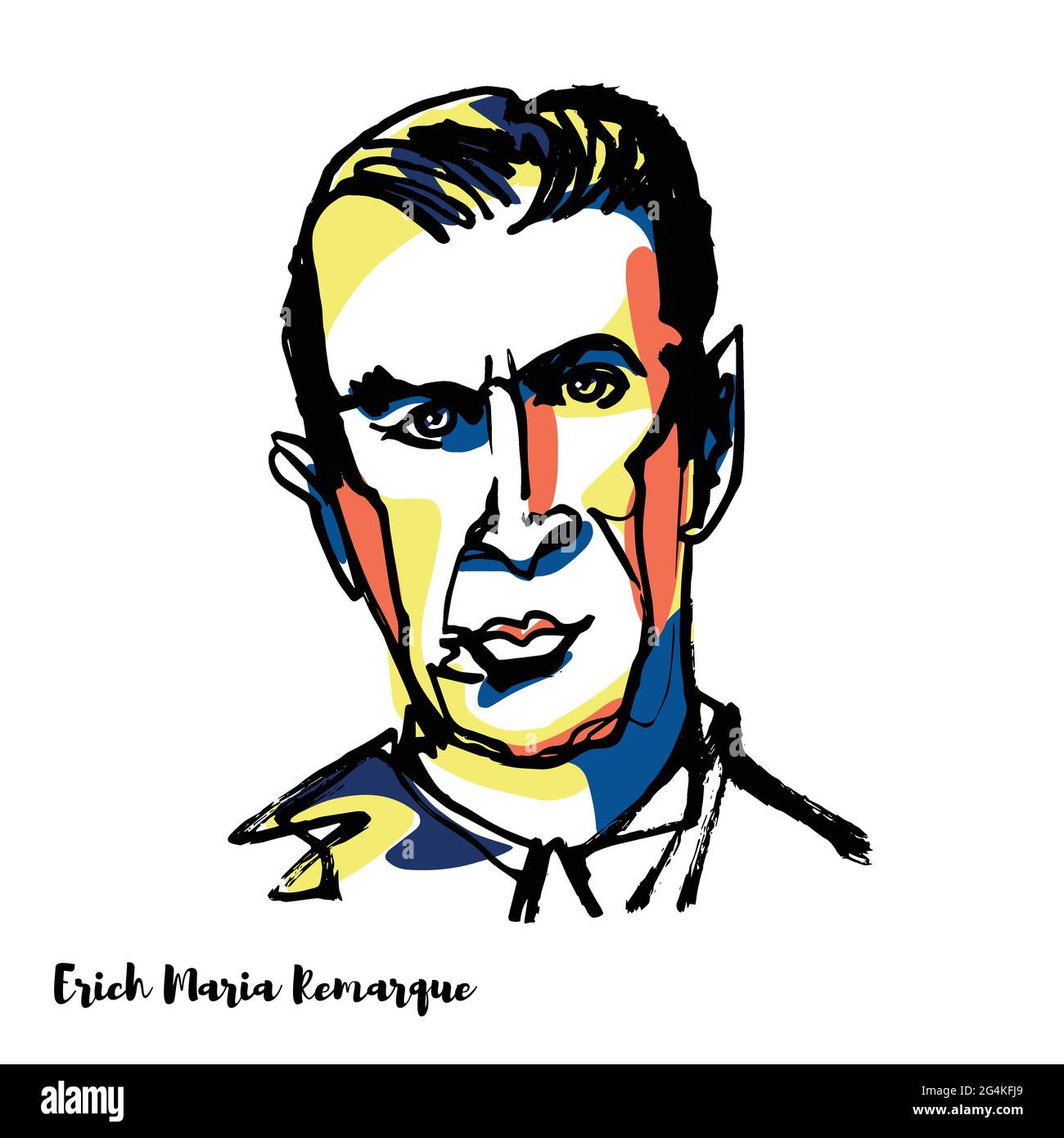 MOSKAU, RUSSLAND - 21. APRIL 2020: Erich Maria Remarque graviertes Vektorportrait mit Farbkonturen. Deutscher Schriftsteller des 20. Jahrhunderts. Stock Vektor