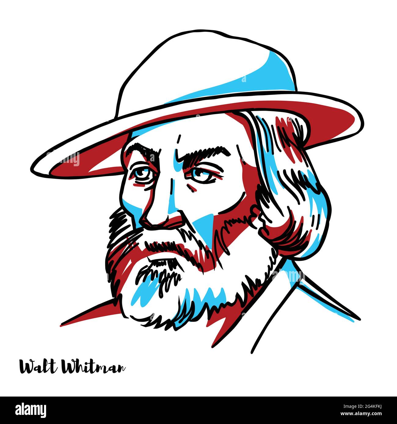 Walt Whitman Vektorportrait. Amerikanischer Dichter, Essayist und Journalist. Als Humanist war er ein Teil des Übergangs zwischen Transzendentalismus und Reali Stock Vektor