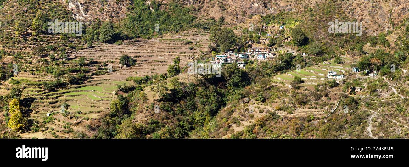 Terrassierte Felder und Dorf in der Nähe von Joshimath Stadt in Uttarakhand Indien, indische Himalaya Berge Stockfoto