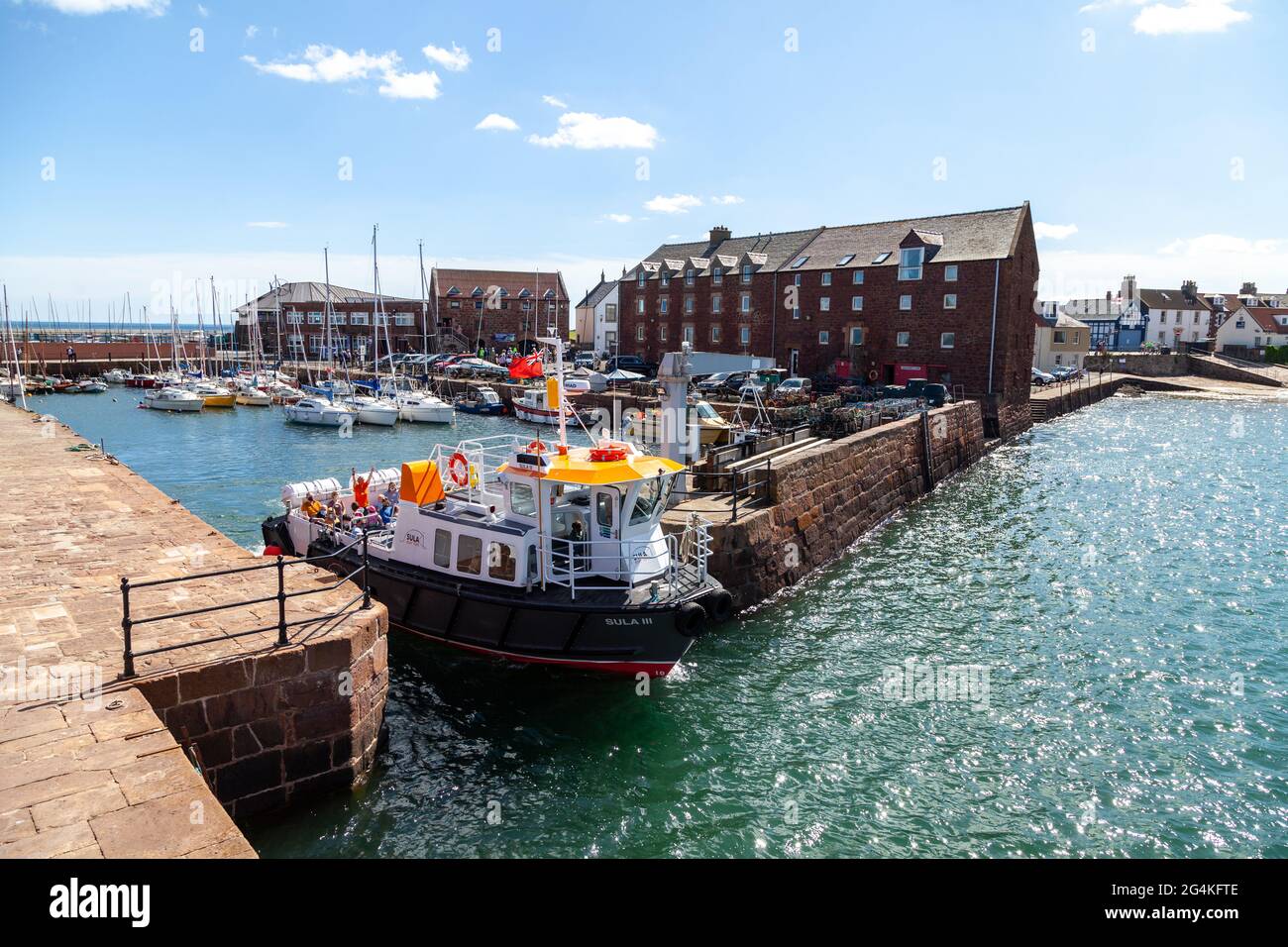 Das Touristenboot „The Sula“ verlässt den Hafen von North Berwick für eine Vergnügungsreise Stockfoto Das Touristenboot „The Sula“ verlässt den Hafen von North Berwick für eine Vergnügungsreise Stockfoto
