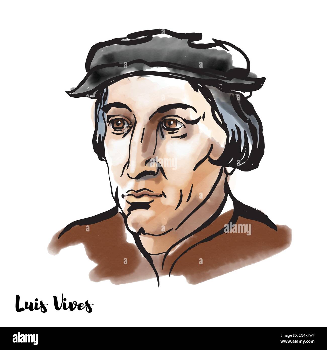 Luis Vives Aquarell-Vektor-Porträt mit Farbkonturen. Spanischer Gelehrter und Renaissance-Humanist, der den größten Teil seines Erwachsenenlebens im südlichen Netz verbrachte Stock Vektor