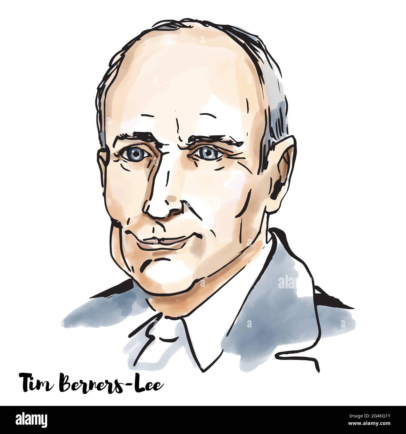 MOSKAU, RUSSLAND - 23. Februar 2020: Tim Berners Lee Aquarell-Vektorportrait mit Farbkonturen. Englischer Ingenieur und Informatiker, am bekanntesten Stock Vektor