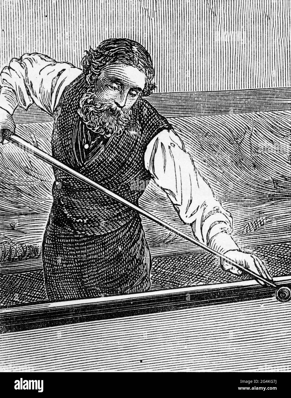 Gravur eines reifen Mannes, der Billard spielt Stockfoto