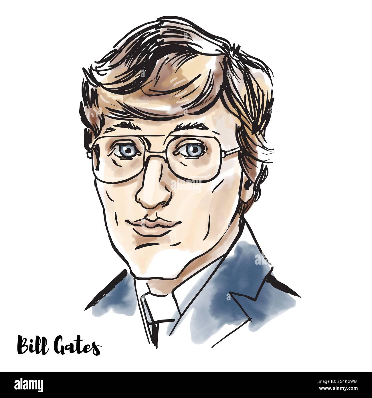 MOSKAU, RUSSLAND - 23. Februar 2020: Bill Gates Aquarell-Vektorportrait mit Farbkonturen. Amerikanischer Wirtschaftsmagnat, Softwareentwickler, Investor, Stock Vektor