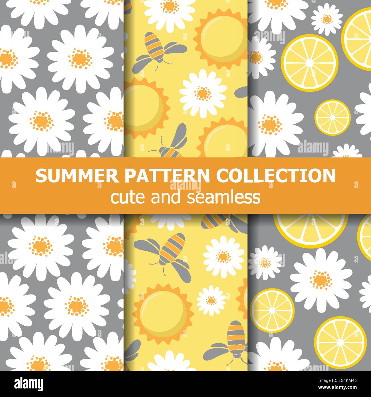Schöne Musterkollektion mit Gänseblümchen, Zitronen, Bienen und Sonne. Sommer-Bannerkollektion. Vektor Stock Vektor