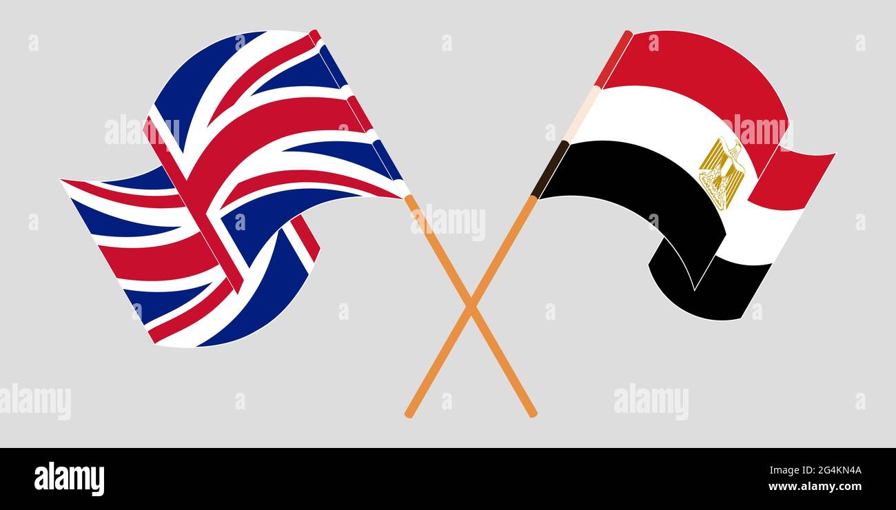 Gekreuzte und winkende Flaggen Ägyptens und Großbritanniens. Vektorgrafik Stock Vektor