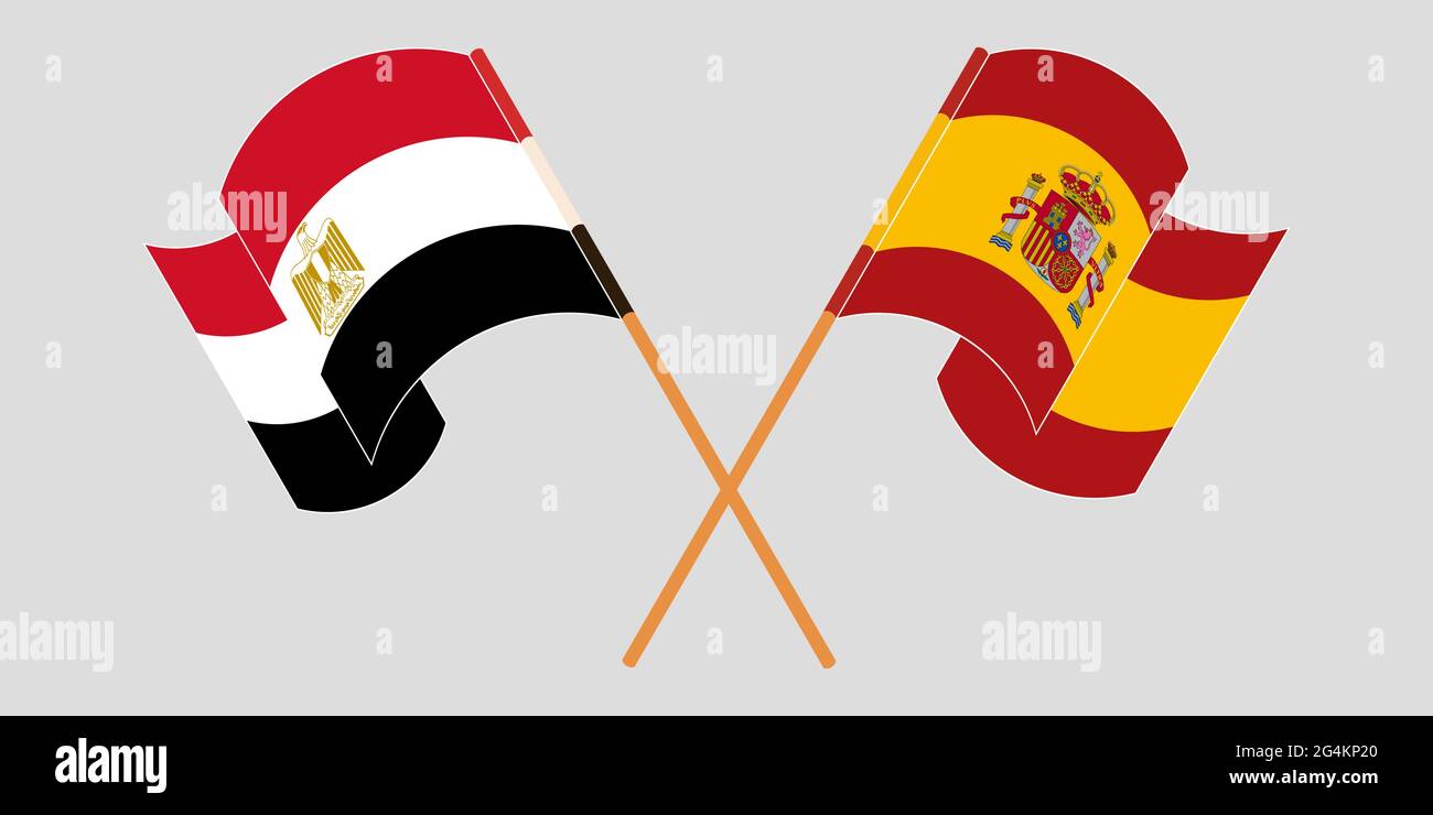 Gekreuzte und winkende Flaggen von Ägypten und Spanien. Vektorgrafik Stock Vektor